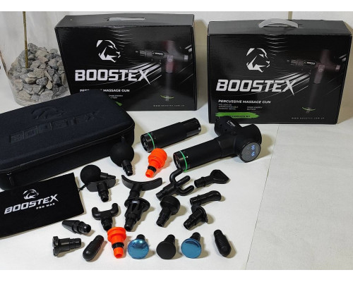Ударний перкусійний масажер Boostex PRO MАХ-30 режимів +20 насадок +запасна батарея 2500am/h +кейс (Чорний)