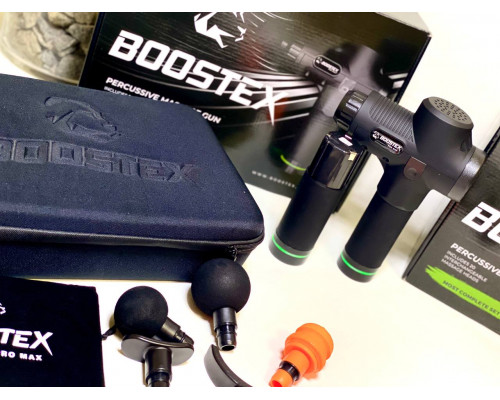 Модель 2024р. Ударний перкусійний масажер Boostex (Massage Gun) 30 режимів, 20 насадок, запасна батарея 2500am/h, кейс