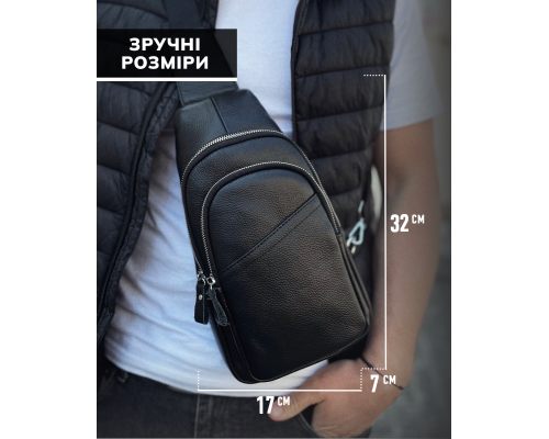 Сумка слінг чоловіча через плече 17х32х8, бананка з натуральної шкіри TIDING BAG A25F-515-1A чорна