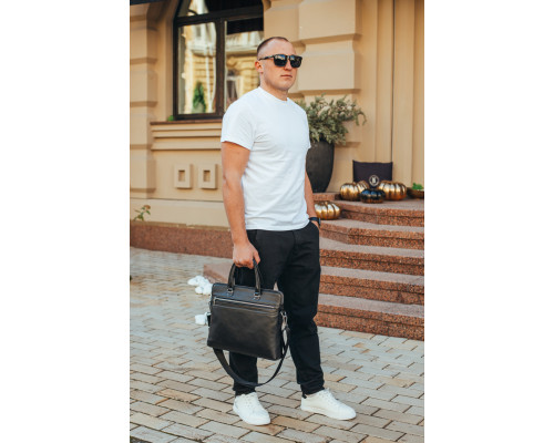 Шкіряна чоловіча ділова сумка 38x29x8, папка портфель для роботи  Tiding Bag 30987 чорна