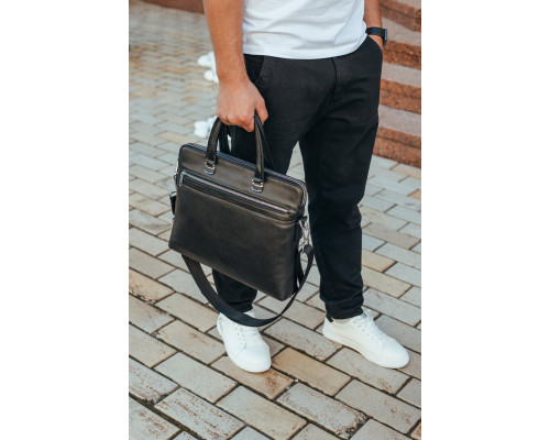 Шкіряна чоловіча ділова сумка 38x29x8, папка портфель для роботи  Tiding Bag 30987 чорна