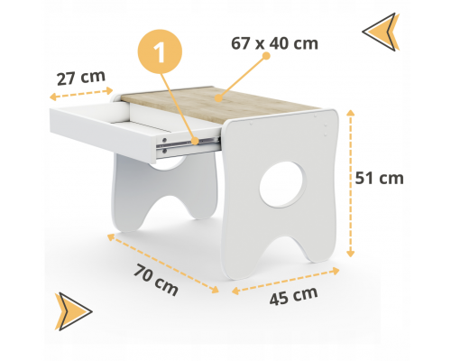 Набір дитячих меблів столик з ящиком та стільчик 70×45×51, стіл та стілець для дітей, білий з деревом