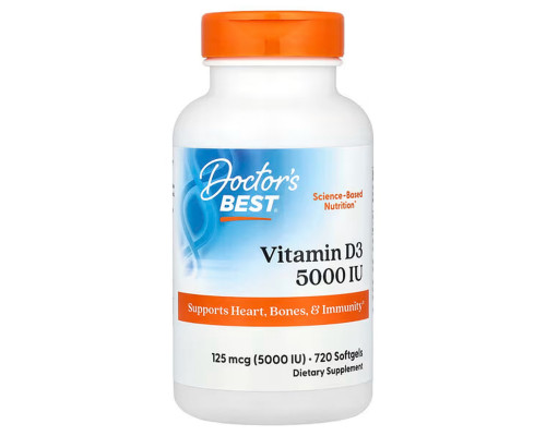 Вітамін D3 (холекальциферол), Vitamin D3, Doctor's Best, 125 мкг (5000 МО), 720 гелевих капсул