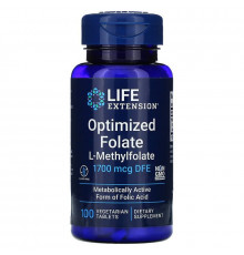 Фолат, Optimized Folate, Life Extensions, оптимізований, 1700 мкг DFE, 100  вегетаріанських таблеток