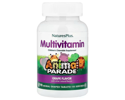 Мультивітаміни та мінерали для дітей, виноград, Children's Chewable Multi-Vitamin & Mineral, Nature's Plus, Animal Parade, 90 жувальних таблеток у вигляді тварин