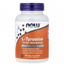 Тирозин, L-Tyrosine, Now Foods, додаткова сила, 750 мг, 90 вегетаріанських капсул