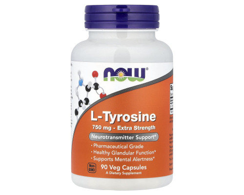 Тирозин, L-Tyrosine, Now Foods, додаткова сила, 750 мг, 90 вегетаріанських капсул