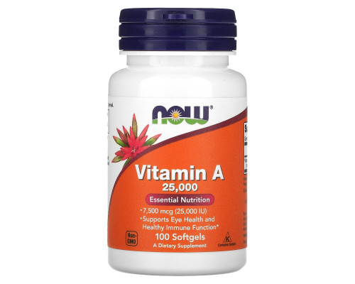 Вітамін А, Vitamin A, Now Foods, 7500 мкг (25000 МО), 100 гелевих капсул