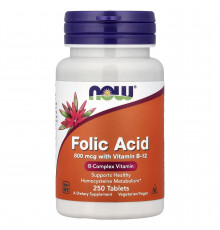 Фолієва кислота і вітамін В-12, Folic Acid, Now Foods, 800 мкг, 250 таблеток