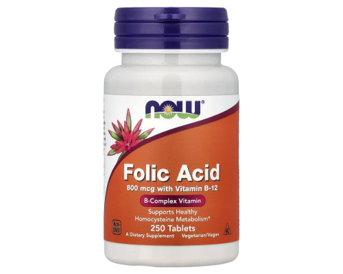 Фолієва кислота і вітамін В-12, Folic Acid, Now Foods, 800 мкг, 250 таблеток