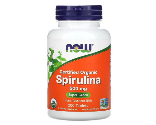 Спіруліна, Spirulina, Now Foods, сертифікована, органічна, 500 мг, 200 таблеток