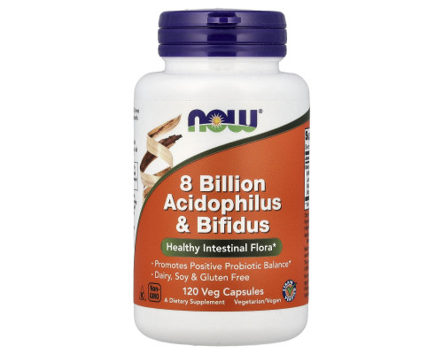 Пробіотик, Acidophilus & Bifidus, NOW Foods, 8 млрд КУО, 120 вегетаріанських капсул