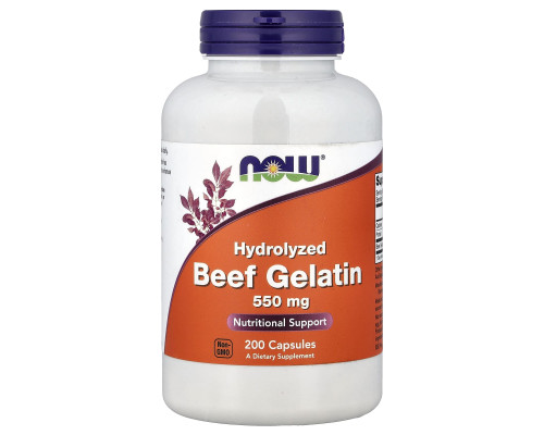 Гідролізат яловичого желатину, Hydrolyzed Beef Gelatin, NOW Foods, 200 капсул (550 мг на капсулу)