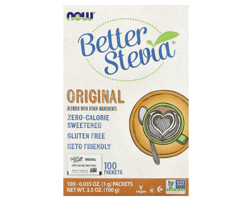 Стевія, BetterStevia, Now Foods, підсолоджувач з нульовою калорійністю, оригінальний, 100 пакетів, 100 г