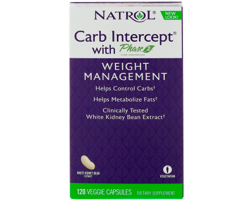 Екстракт білої квасолі перехоплювач вуглеводів фаза 2, Carb Intercept Phase 2, Natrol, для зниження ваги, 120 вегетаріанських капсул