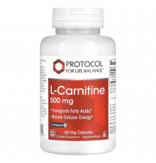 L-карнітин, L-Carnitine, Protocol for Life Balance, 500 мг, 60 вегетаріанських капсул