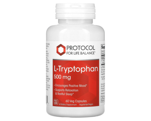 Триптофан, L-Tryptophan, Protocol for Life Balance, 500 мг, 60 веганських капсул
