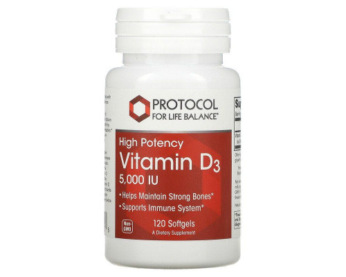 Вітамін D3, Vitamin D3, Protocol for Life Balance, 5000 МО, 120 гелевих капсул
