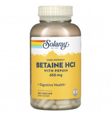 Бетаїн HCl + пепсин, HCL with Pepsin, Solaray, високоефективний, 650 мг, 250 вегетаріанських капсул