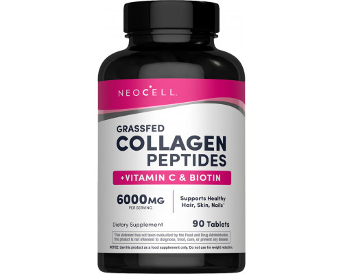 Пептиди колагену + вітамін С та біотин, Collagen, + Vitamin C & Biotin, NeoCell, 6000 мг, 90 таблеток