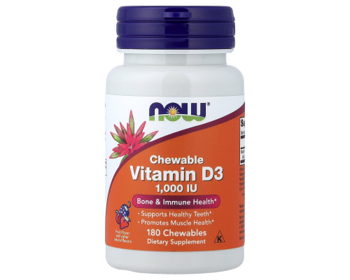 Вітамін D-3, Vitamin D-3, Now Foods, смак фруктів, 1000 МО, 180 жувальних таблеток