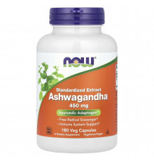 Ашваганда, Ashwagandha, Now Foods, стандартизований екстракт, 450 мг, 180 вегетаріанських капсул