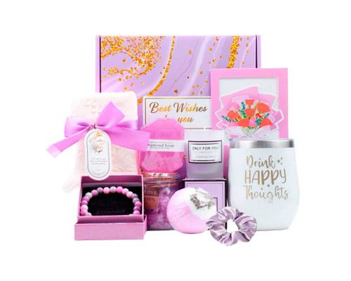 Подарочный набор Spa Gift Basket Set 01 8 предметов термостакан мыло бомбочка соль для ванны ароматическая свеча открытка резинка браслет Violet