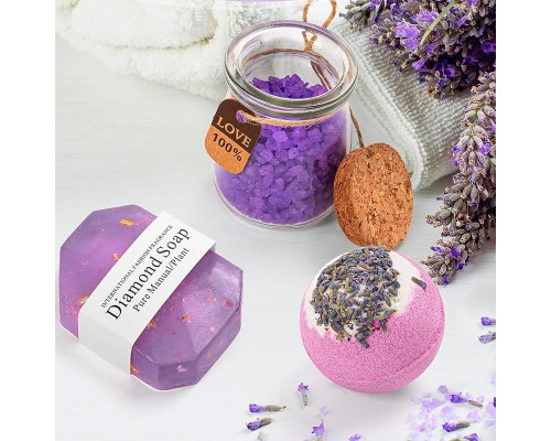 Подарочный набор Spa Gift Basket Set 01 8 предметов термостакан мыло бомбочка соль для ванны ароматическая свеча открытка резинка браслет Violet
