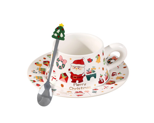Рождественская чашка "Merry Christmass" Санта-Клаус JJX005 кружка с блюдцем с ложечкой новогодняя в подарочной упаковке White