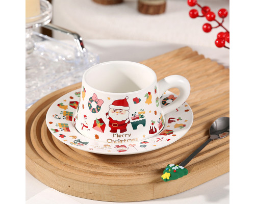 Рождественская чашка "Merry Christmass" Санта-Клаус JJX005 кружка с блюдцем с ложечкой новогодняя в подарочной упаковке White