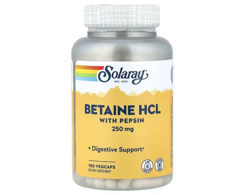 Бетаїн HCl + пепсин, HCL with Pepsin, Solaray, 250 мг, 180 вегетаріанських капсул