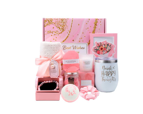 Подарочный набор Spa Gift Basket Set 01 8 предметов термостакан мыло бомбочка соль для ванны ароматическая свеча открытка резинка браслет Pink