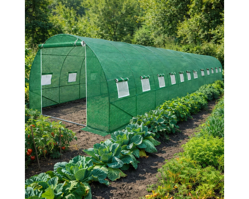 Садова теплиця 36 м² (12 х 3 х 2 м) з армованою плівкою 140 г/м² UV4, з вікнами, труба 25 мм, Зелена (Польща)